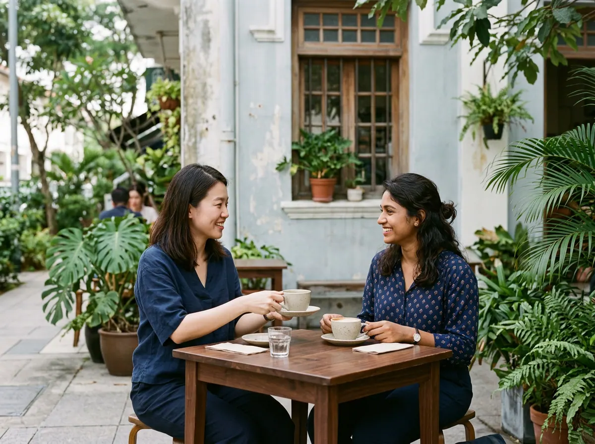 Illustrative image of friends connecting over coffee in Singapore.